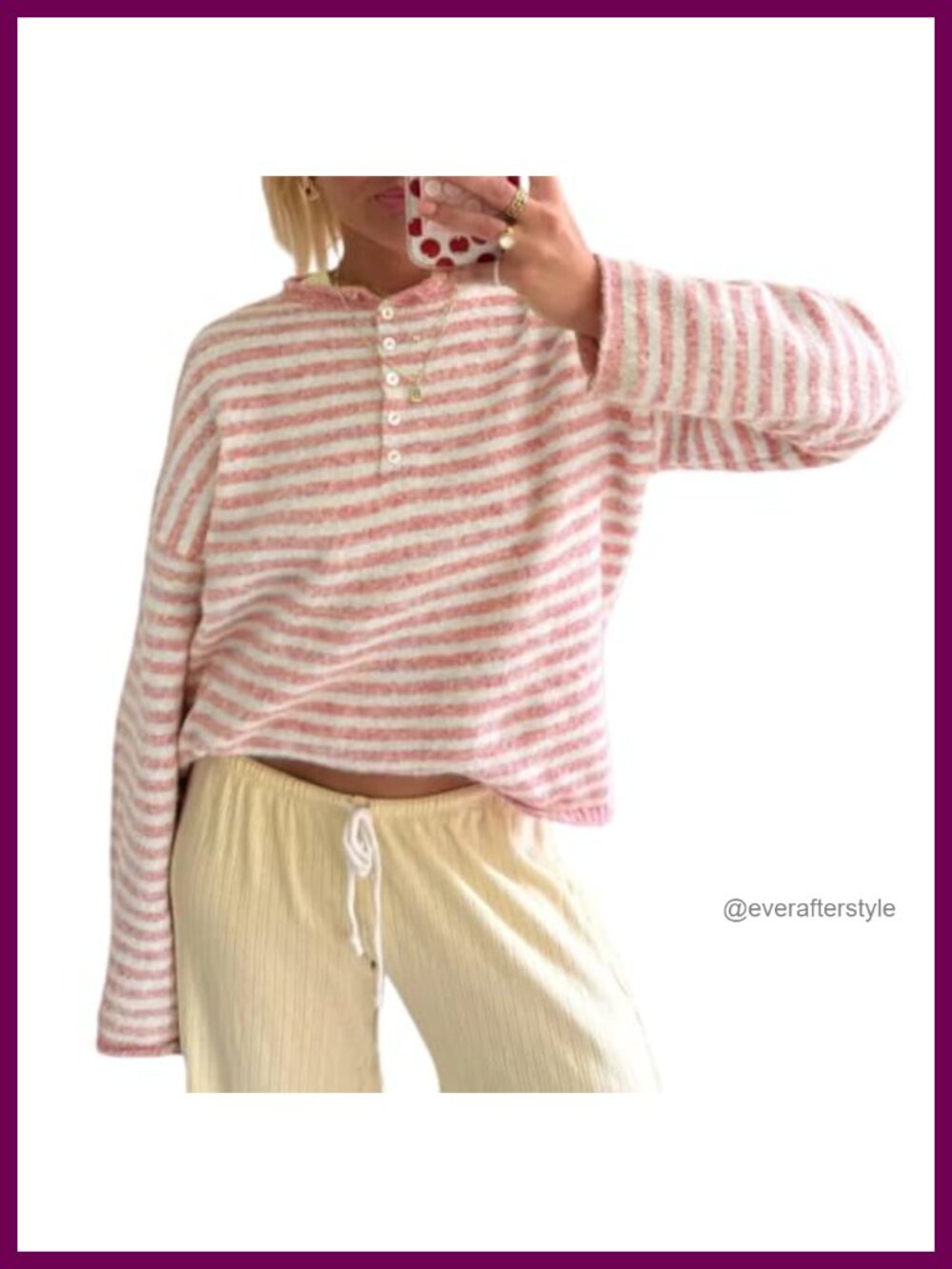 Striped Henley Knit Sweater Long Sleeve Oversized Pullover
